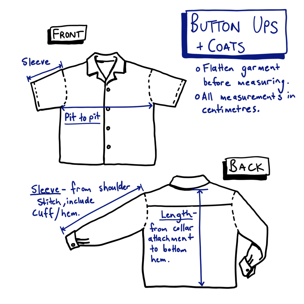 button ups & coats measurement table